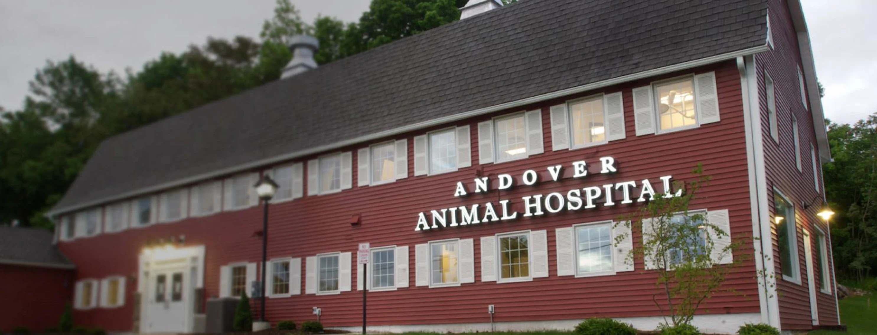 Exterior of Andover Animal Hospital's signature red barn in Newton, NJ